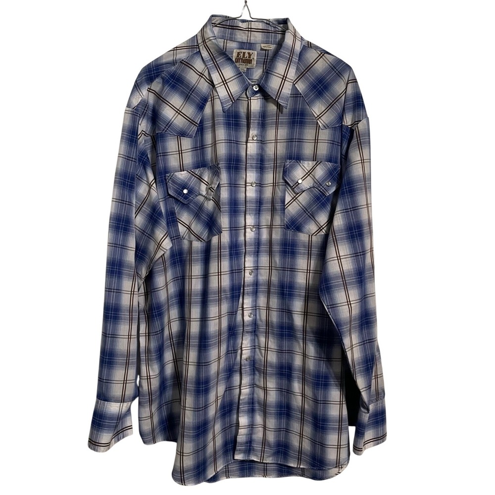 Ely Cattleman Western Pearl Snap‎ Shirt Mens XXL Blue White Plaid Long Sleeve - Picture 7 of 9